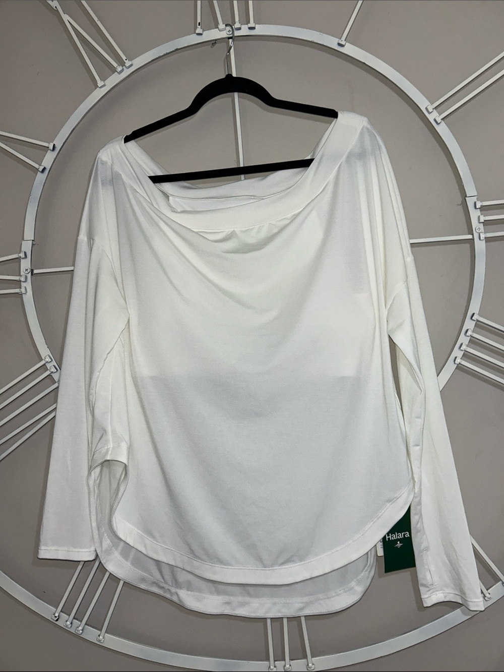 NWT HALARA White Off-Shoulder Draped Long-Sleeve Top